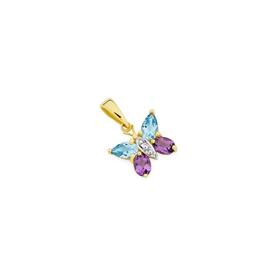 9ct+Gold+Blue+Topaz%2FAmethyst+%26+Diamonds+Butterfly+Pendant