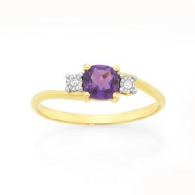 9ct+Gold+Amethyst+%26amp%3B+Miracle+Set+Diamond+Ring