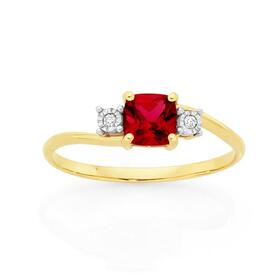 9ct+Gold+Created+Ruby+%26amp%3B+Miracle+Set+Diamond+Trilogy+Ring