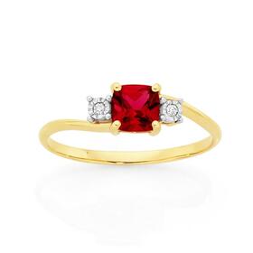 9ct-Gold-Created-Ruby-Miracle-Set-Diamond-Trilogy-Ring on sale