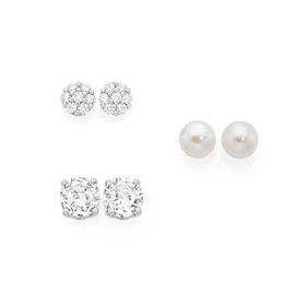 Sterling+Silver+Cubic+Zirconia+%26amp%3B+Pearl+Set+of+Three+Stud+Earrings