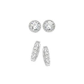 Silver+Cubic+Zirconia+Cluster+Studs+%26+Hoops+Earrings+Set