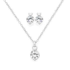 Silver+CZ+Claw+Set+On+Plain+Heart+Earrings+%26+Pendant+Set