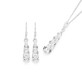 Sterling+Silver+Tapered+Multi+Cubic+Zirconia+Drop+Earrings+%26amp%3B+Pendant+Set