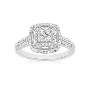 9ct-White-Gold-Diamond-Cushion-Halo-Cluster-Ring on sale