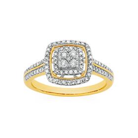 9ct+Gold+Diamond+Cushion+Halo+Cluster+Ring