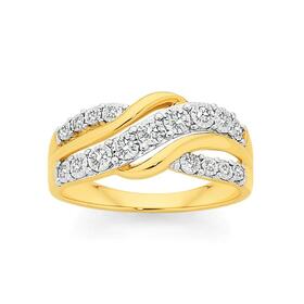 9ct+Two+Tone+Gold+Diamond+Swirl+Crossover+Ring