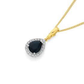 9ct+Gold+Black+Sapphire+%26amp%3B+Diamond+Pear+Halo+Pendant