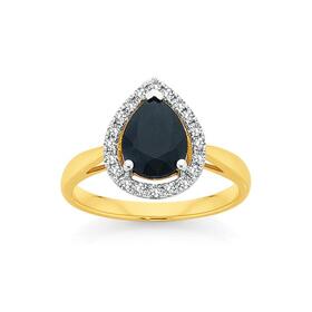 9ct+Gold+Black+Sapphire+%26amp%3B+Diamond+Pear+Halo+Ring