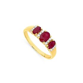 9ct-Gold-Ruby-10ct-Diamond-Oval-Trilogy-Ring on sale