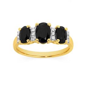 9ct-Gold-Black-Sapphire-Diamond-Trilogy-Ring on sale