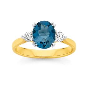 9ct+Gold+London+Blue+Topaz+%26+.25ct+Diamond+Ring