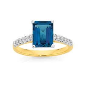 9ct-Gold-London-Blue-Topaz-20ct-Diamond-Ring on sale