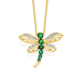9ct+Gold+Emerald+%26+Diamond+Dragonfly+Slider+Pendant