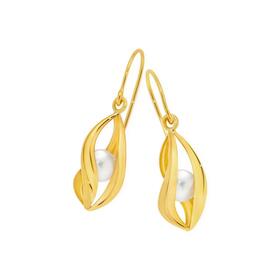 9ct+Gold+Cultured+Freshwater+Pearl+Twist+Hook+Earrings