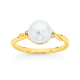 9ct+Gold+Cultured+Freshwater+Pearl+%26amp%3B+Diamond+Ring