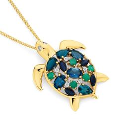 9ct+Gold+Multi+Gemstone+%26+Diamond+Turtle+Pendant