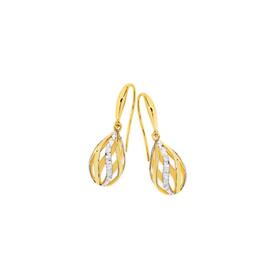 9ct+Two+Tone+Gold+Diamond-Cut+Swirl+Teardrop+Hook+Drop+Earrings