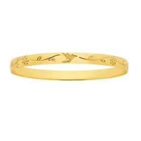 9ct+Gold+65mm+Solid+Bangle+with+Birds+and+Flowers+Engraved