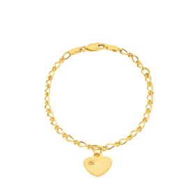 9ct+Gold+16cm+Solid+Figaro+1%2B1+with+Diamond+Heart+Charm+Bracelet