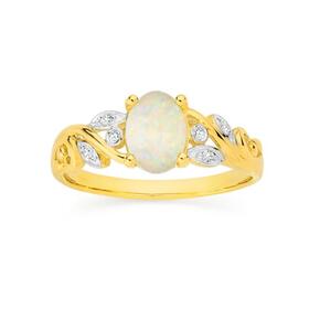 9ct+Gold+White+Opal+and+Diamond+Ring