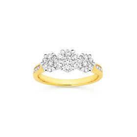 9ct+Gold+Diamond+Cluster+Trilogy+Ring