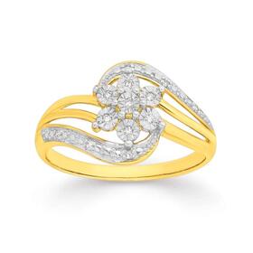 9ct+Gold+Diamond+Flower+Swirl+Ring