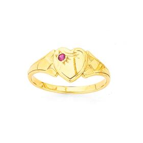 9ct-Gold-Single-Heart-with-Created-Ruby-Signet-Ring-Size-I on sale