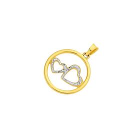 9ct+Two+Tone+Gold+Diamond-Cut+Double+Hearts+in+Circle+Pendant