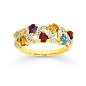 9ct+Gold+Multi+Gemstone+%26+Diamond+Ring