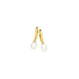 9ct+Gold+Cultured+Freshwater+Pearl+Drop+Huggie+Earrings