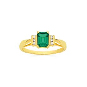 9ct+Gold+Created+Emerald+%26amp%3B+Diamond+Shoulder+Ring