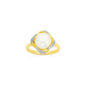 9ct+Gold+Cultured+Freshwater+Button+Pearl+%26amp%3B+Diamond+Swirl+Framed+Dress+Ring