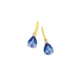 9ct+Gold+Created+Ceylon+Sapphire+%26+Diamond+Pear+Shape+Hook+Earrings