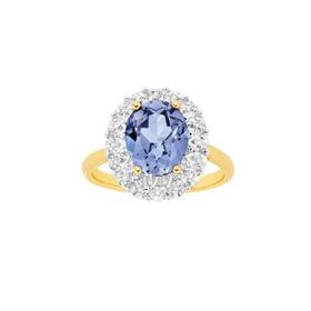 9ct+Gold+Created+Ceylon+Sapphire+%26+Diamond+Ring