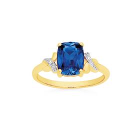 9ct+Gold+Created+Ceylon+Sapphire+%26+Diamond+Ring