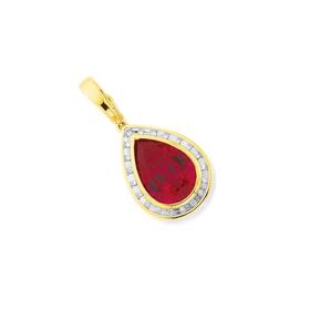 9ct+Gold+Created+Ruby+%26+Diamond+Pear+Shape+Pendant