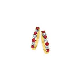 9ct+Gold+Created+Ruby+%26+Diamond+Huggie+Earrings