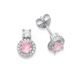 Silver+Small+Round+Pink+CZ+Cluster+Stud+Earrings