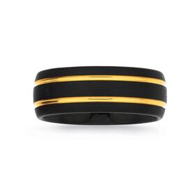Tungsten-Carbide-Matte-Black-Double-Yellow-Gold-Plate-Lines-Gents-Ring on sale