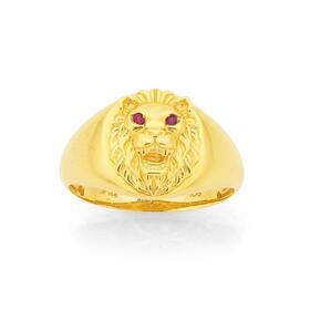 9ct+Gold+Created+Ruby+Lion+Head+Gents+Ring