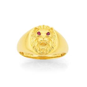 9ct-Gold-Created-Ruby-Lion-Head-Gents-Ring on sale