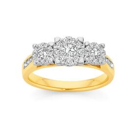 9ct+Gold+Diamond+Cluster+Trilogy+Ring