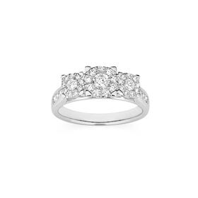 9ct-White-Gold-Diamond-Cluster-Trilogy-Ring on sale