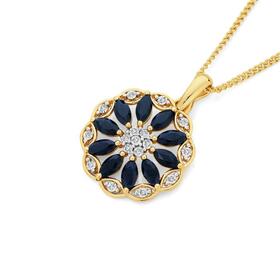 9ct+Gold+Sapphire+%26+Diamond+Wreath+Flower+Pendant