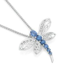 9ct+White+Gold+Natural+Ceylon+Sapphire+%26+Diamond+Dragonfly+Slider+Pendant