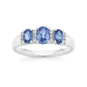 9ct+White+Gold+Ceylon+Sapphire+%26+.10ct+Diamond+Oval+Trilogy+Ring