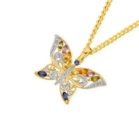 9ct+Gold+Multi+Natural+Sapphire+Filigree+Butterfly+Pendant