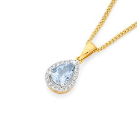 9ct+Gold+Aquamarine+%26+Diamond+Pear+Pendant