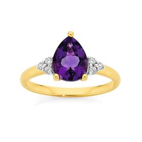 9ct+Gold+Amethyst+%26+Diamond+Pear+Shape+Ring